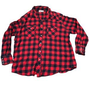 Wrangler Men's Plaid Shirt Size XXL Wrancher Flannel With Pearl Snaps Red Black